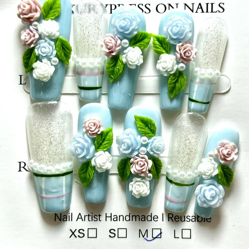 Floral Blue & White 3D Press-On Nails pearls handmade reusable 10 pc long length - Picture 4 of 7